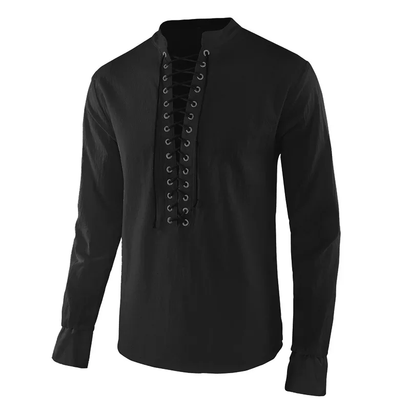 Men Medieval Cosplay Gothic Shirt Pirate Costume Vintage Casual Lace Up Knight Renaissance Nordic Tunic Bandage T-shirt