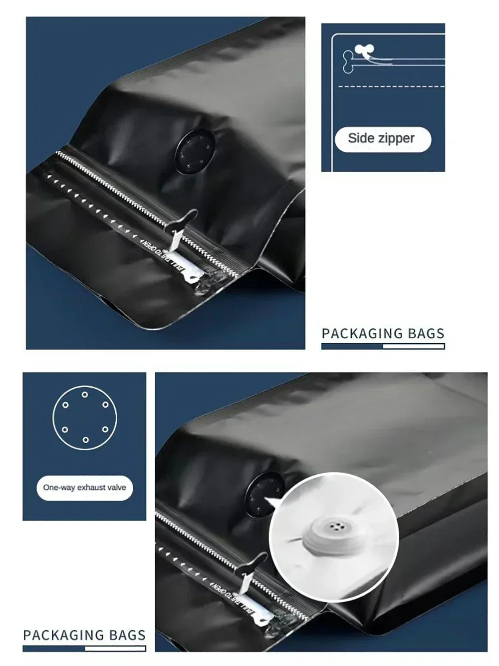 50pcs Matte Black 100g 250g 500g 1kg Roast Coffee Bean Powder Plastic Packaginge Bags with valve and Resealable Zipper