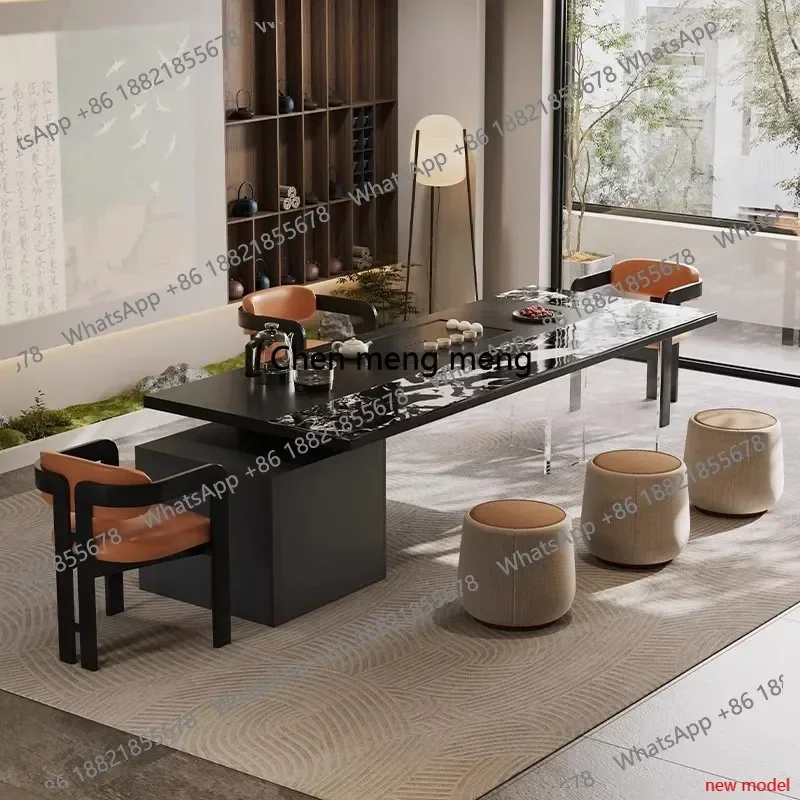 h178  Modern visual black Italian minimalist rock slab tea tea table and chair combination one table five chairs