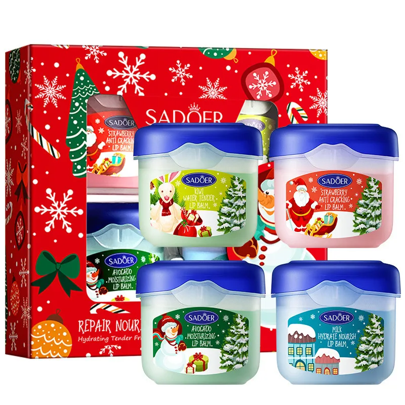 

4pcs/box SADOER Avocado Strawberry Milk Kiwi Lip Balm for Anti cracking Moisturizing Christmas Gift Box