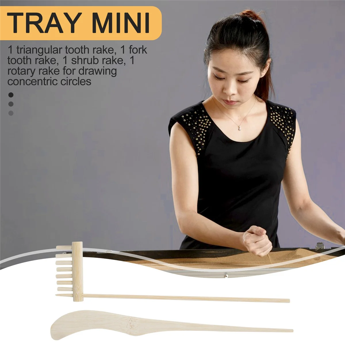 Baa-mini japonês zen jardim ancinho conjunto de ferramentas de bambu, caixa de areia de madeira kit de brinquedo de terapia de jogo para meditação de paz espiritual