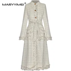 MARYYIMEI New Fashion Women's Autumn and Winter Coat Stand Collar Single-Breasted Long Sleeved Lace-Up Elegant Overcoat