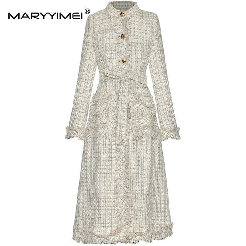 MARYYIMEI New Fashion Women's Autumn and Winter Coat Stand Collar Single-Breasted Long Sleeved Lace-Up Elegant Overcoat