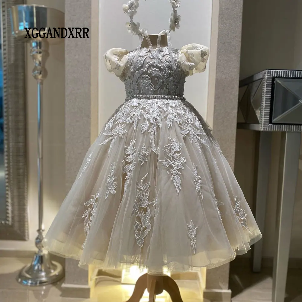 Pearl Flower Girl Dresses 2024 Flower Applique Girls Mini Quinceanera Dress Little Girl Princess Sweet 15 16 Birthday Party Gown