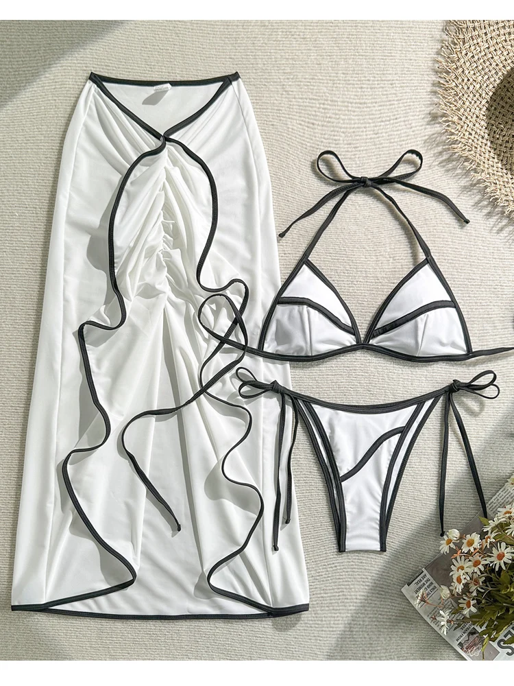 

Sexy Solid 3 Piece Skirt Bikini Set Women High Cut Thong Swimsuit Lady Halter Swimwear Summer Beach Bathing Suit