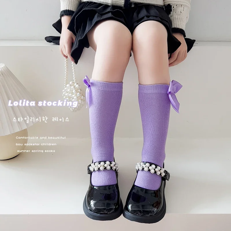 Lolita Bogen Koreanische Version Prinzessin Kleines Mädchen Student Mädchen Mid Tube Socken Frühling Herbst Einfarbig Lange Röhre Tanz Socken
