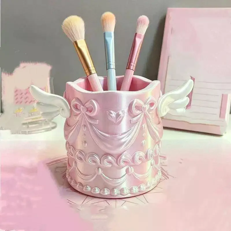 1Pcs Cosmetic Organizer Bucket Silk Texture Girl Luxury Angel Wings Relief Makeup Brush Holder Desktop Pen Cup Gift For Women