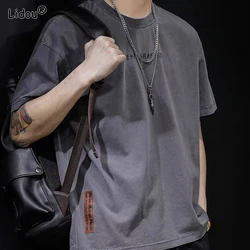 Round Neck Fashion Casual Loose T-Shirts Pullovers Handsome Simplicity Short Sleeve Solid Patchwork Letter Men's Clothing 2023