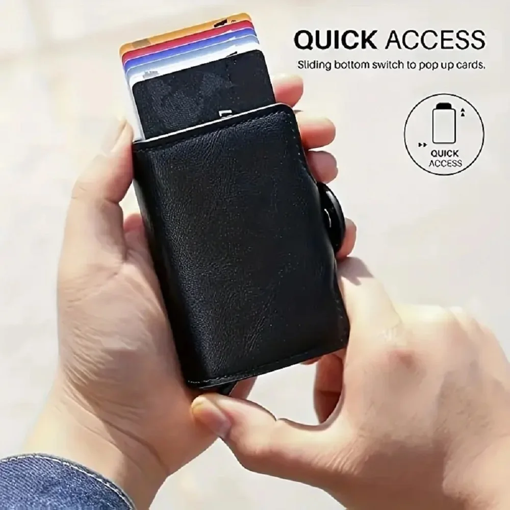 RFID Aluminium Doppel deck Schnalle Männer Karten halter kleine Karte Brieftaschen Kohle faser Leder schlanke Mini Brieftasche Qualität männliche Geldbörsen – Detail 1