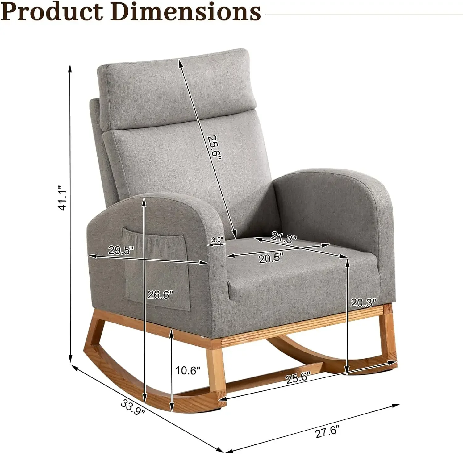 Chair Nursery Glider Chair, Upholstered Rocking Chair for Nursery with Rubber Wood Legs, Comfy High Backrest, Side Pocke