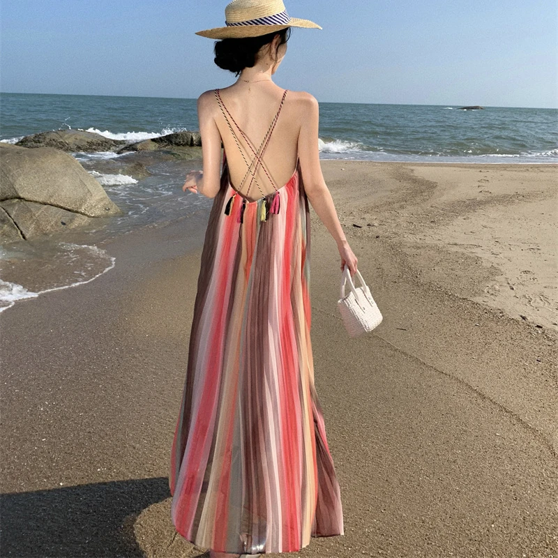 

Holiday Style Sling Pleated Skirt for Women 2023 Striped Vacation Summer Bohemian Lolita Sundress Sweet Long Chiffon Clothes New