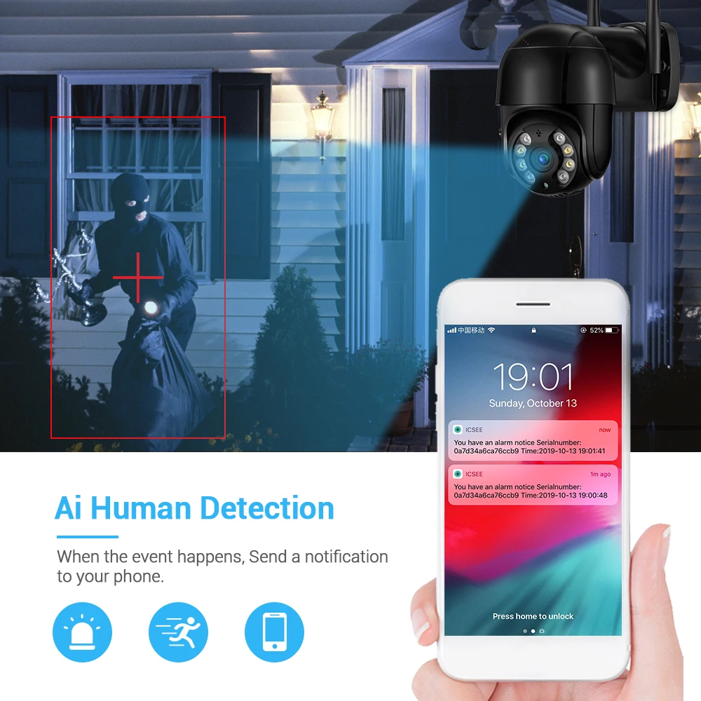 Câmera IP ONVIF com Detecção Humana AI, Visão Noturna, Colorido, Auto Tracking, 4K, 8MP, 5MP, 5MP, PTZ, WiFi, 5MP, 1080P, ICSEE