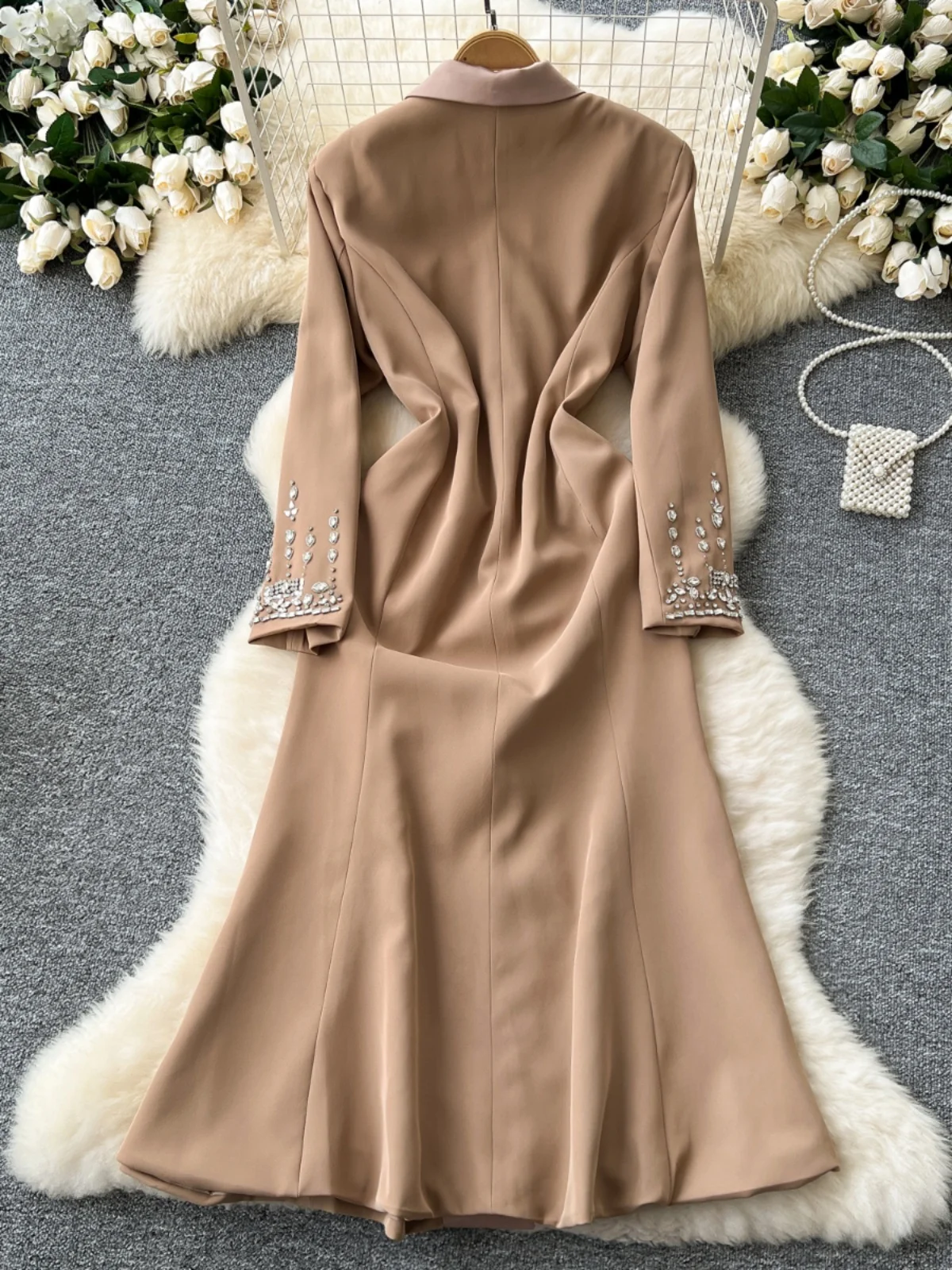 Autumn Winter Chain Tassels Beaded Trench Blazer Dress Women Suit Coat Long Sleeve Solid Office Lady Work Dresses Windbreaks