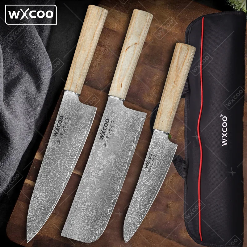 WXCOO Damaststahlmesser, Küchenmesser und Tasche, professionelles Kochmesser, Laserstruktur, hochwertiges Küchenmesser, Hackmesser