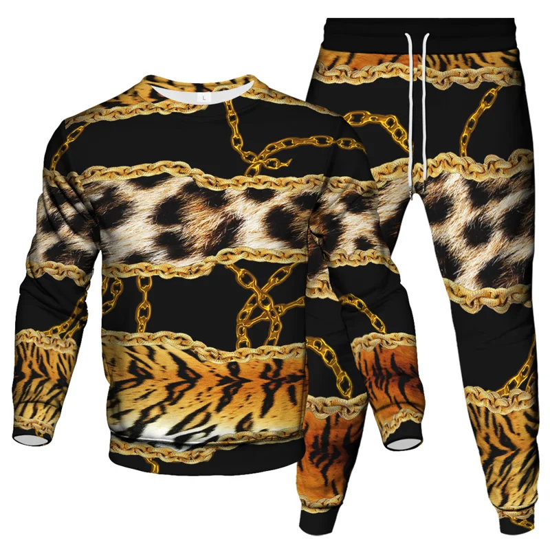 Vintage Style Men Tracksuit Animal Leopard Snake Florial Gold Chain Pattern Print Clothing Suit Male Sweatshirt Pant 2Piece Set