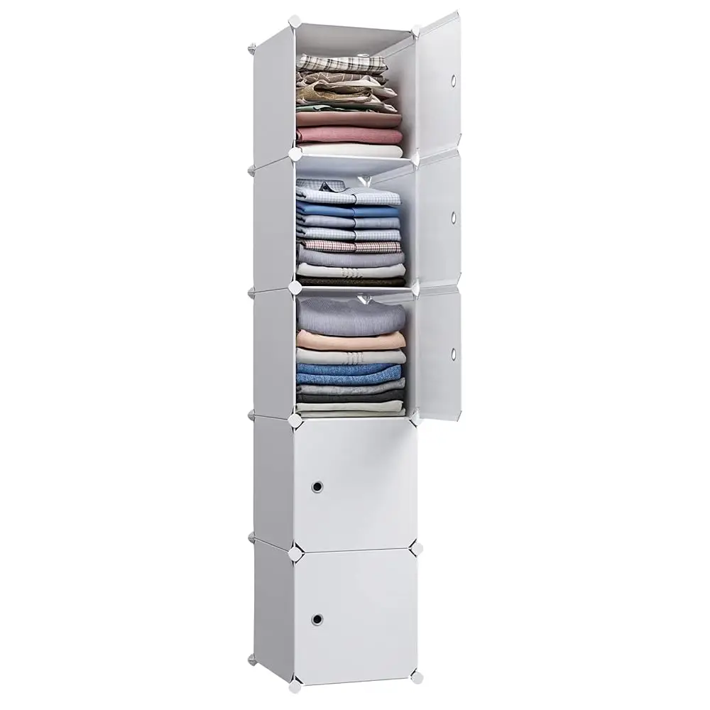 

5 Cube Storage Cabinet, Narrow Clothes Storage With Doors,Tall Plastic Standing Organizer Shelves For Small Spaces,Use To