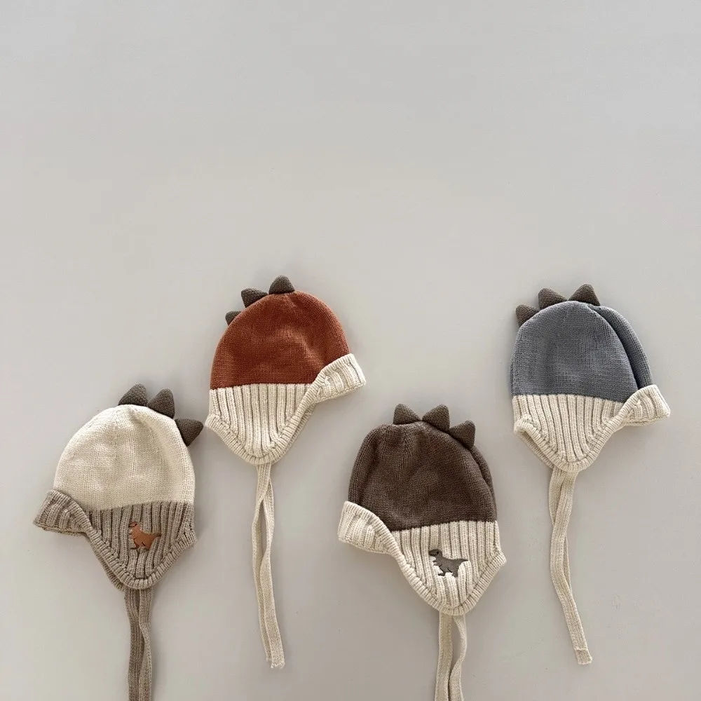 

Теплая милая шапка с защитой ушей динозавра, бархатная утолщенная детская шапка с подкладкой, вязаный пуловер для детей от 2 до 6 лет, зимняя шапка