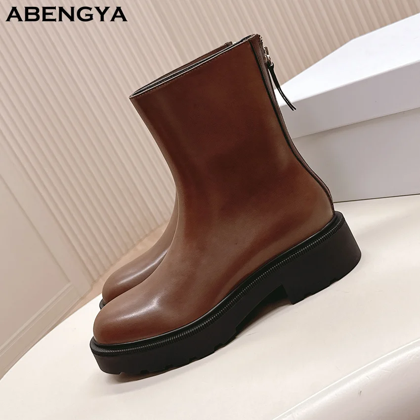 Winter New Leather Short Boots Women Thick Sole Rear Zipper Flat Heel Ankle Boots Designer High Quality Chelsea Boots For Women