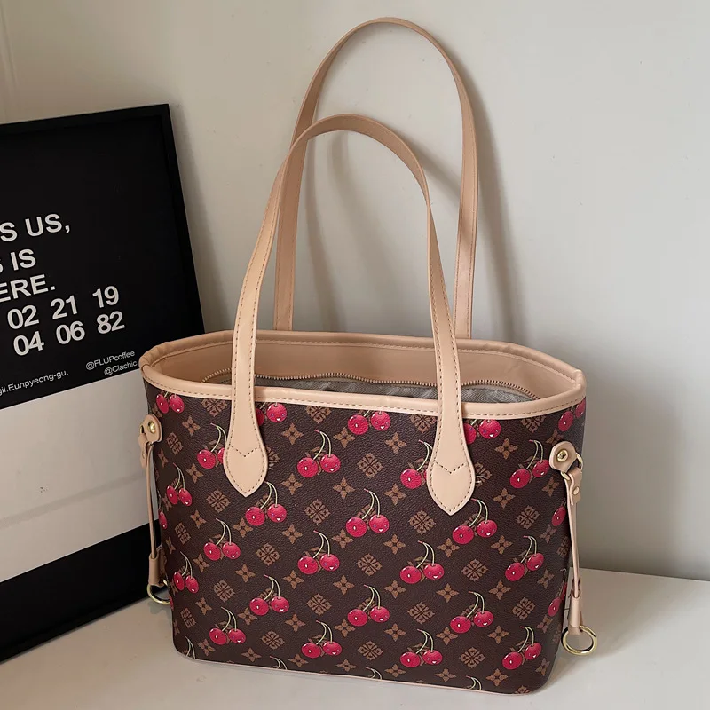 

2025 New Women's Cherry Print Tote Bag - Popular Designer Style, Large Capacity Casual Shoulder Armpit Bag