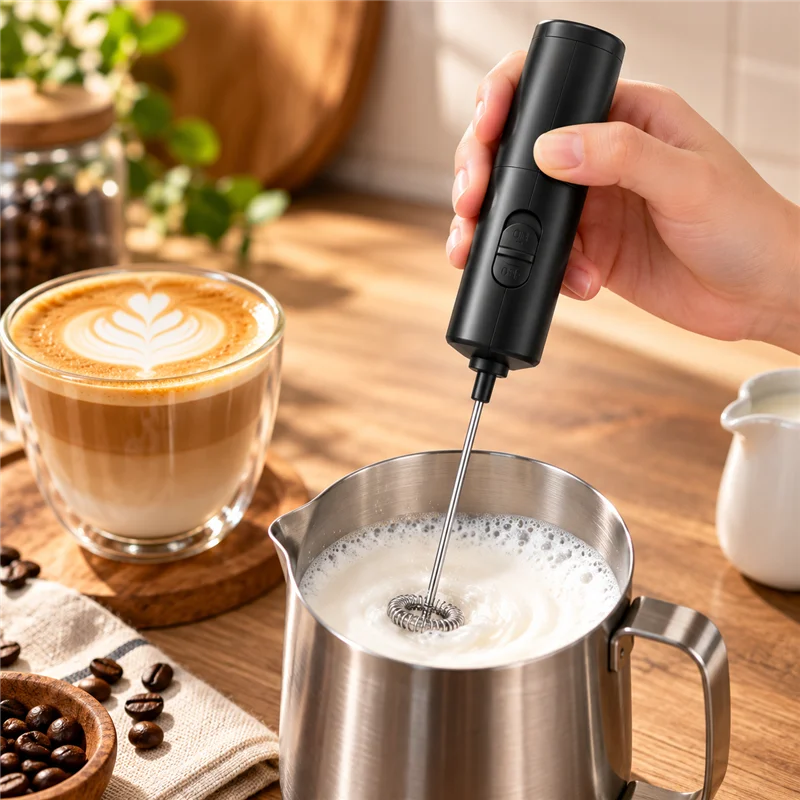 BIGE Handheld Electric Milk Frother Up to 14000 RPM 304 Stainless Steel Whisk Front Switch Coffee Foam Mixer Black
