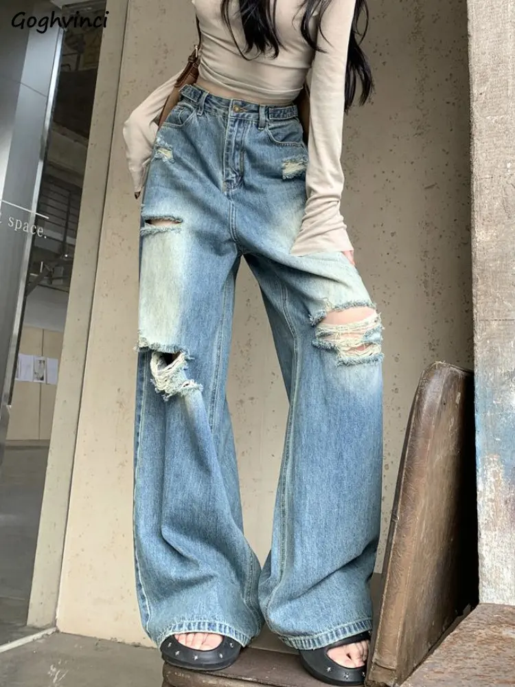 

Holes Wide Leg Jeans Women Ripped Streetwear Chic Fashion Hotsweet Schoolgirls BF All-match Baggy Denim Trousers Vintage Ulzzang