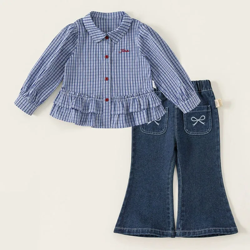 

2Piece 2026 Spring Autumn Toddler Girl Clothes Korean Fashion Blue Plaid Long Sleeve Baby Tops+Jeans Kids' Sets And Outfits B416