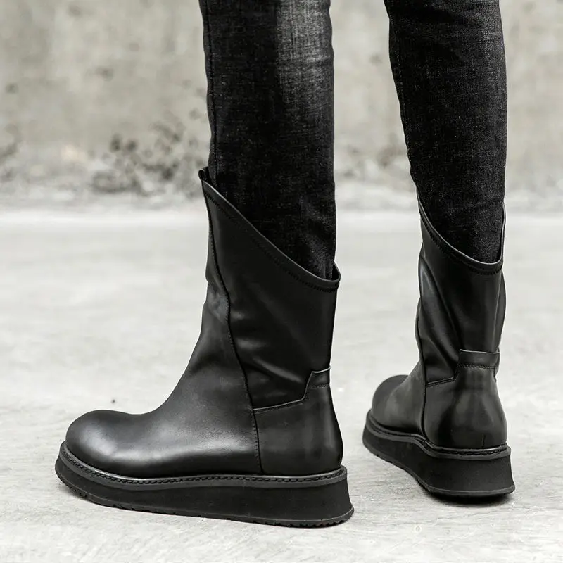 Fashion Men\'s Cowhide Genuine Leather Motorcycle Boots High Riding Boots Casual Snow Platform Shoes Mid-calf Boots Black