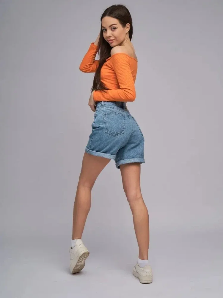 شورت جينز نسائي عالي الخصر وواسع الساق أسود مستقيم الساق شورت جينز صيفي أزرق عتيق لشارات الدنيم العصرية غير الرسمية #5