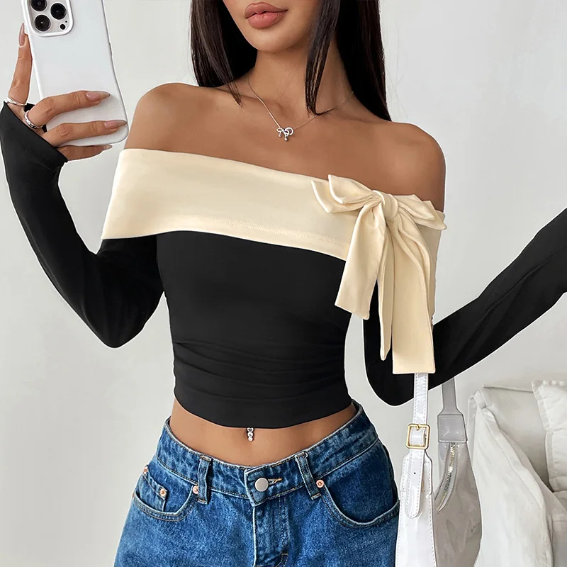 

Short Tops Women T Shirts Off Shoulder Top Slash Neck Full Sleeve Y2k Streetwear Elegant Splice Casual Work Slim Fit 2026 Spring