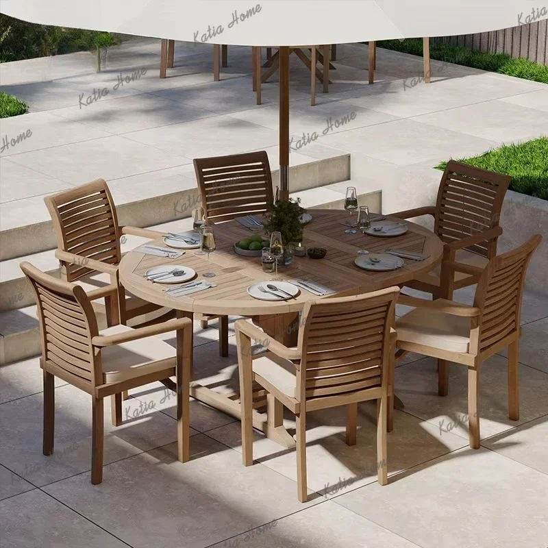 Round Shape Teak Garden Patio Dining Table Set 10-12 Seats Outdoor Dining Table And Chairs Set For Courtyard