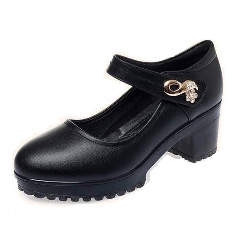 Women Fashion Sweet Round Toe Black Patent Leather Buckle Strap Square Heel Shoes Lady Classic Office & Sexy Party Pumps B141