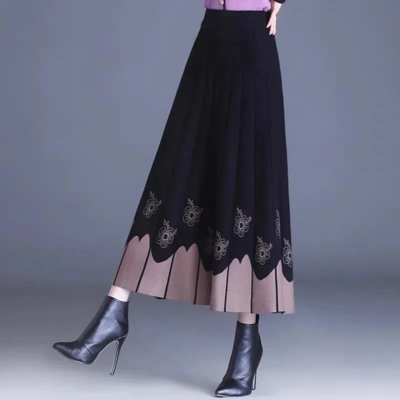 女性の秋冬 A ラインスカートハイウエスト弾性ウエストミッドレングスニットウール大スイングスカートセータースカート Mujer スカート