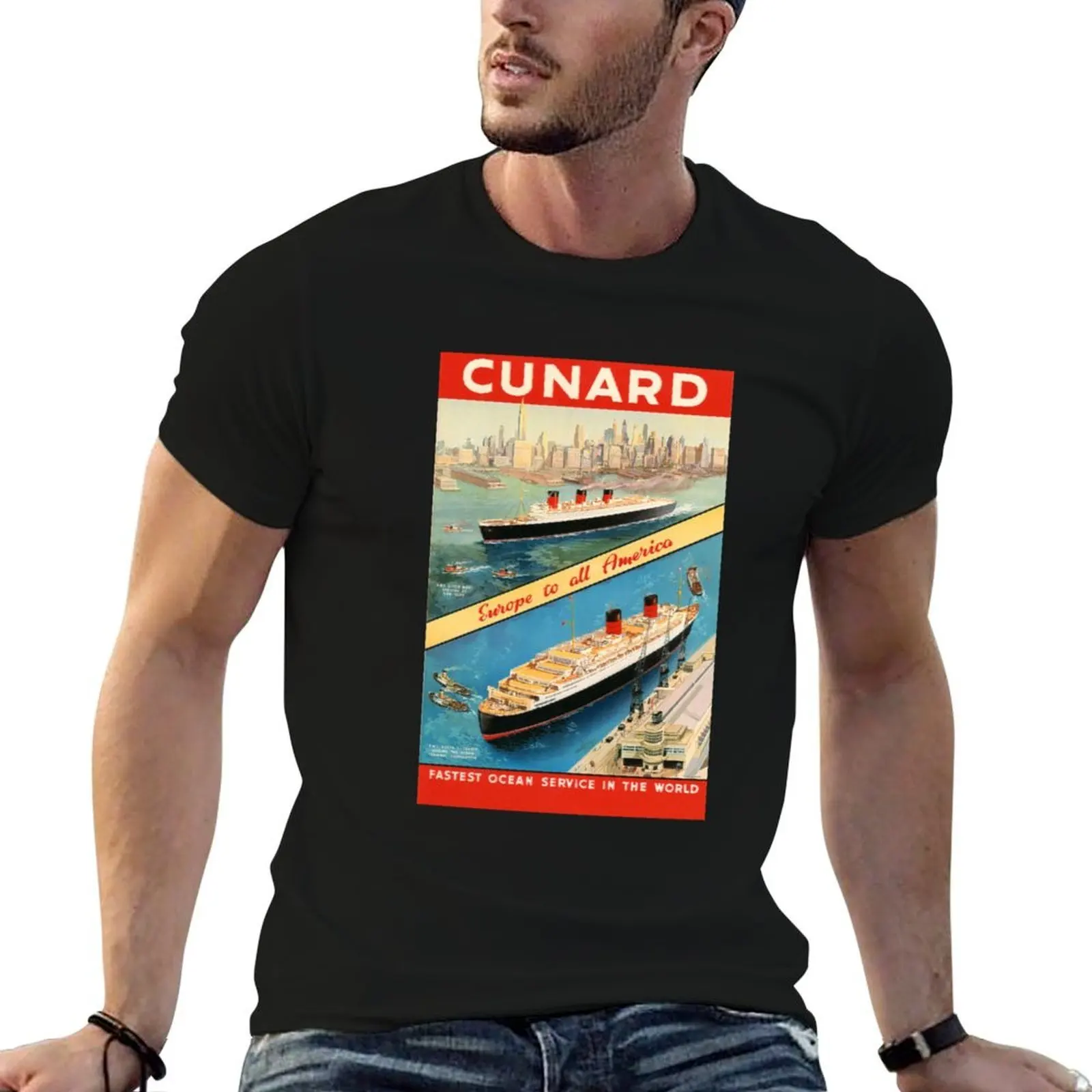 Cunard Travel Poster: Europe to America T-Shirt cotton t shirt man man t shirt summer T-Shirt