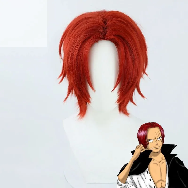 Shanks Peluca de cosplay de longitud media, parte lateral roja vino, en capas, rizada, ajuste universal
