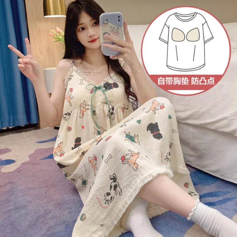 

M-2XL Women Cloud Cotton Nightdress with Chest Pad Sleeveless Long Dress Korean Sweet Loose Home Clothes Bra Free Padded Pajamas