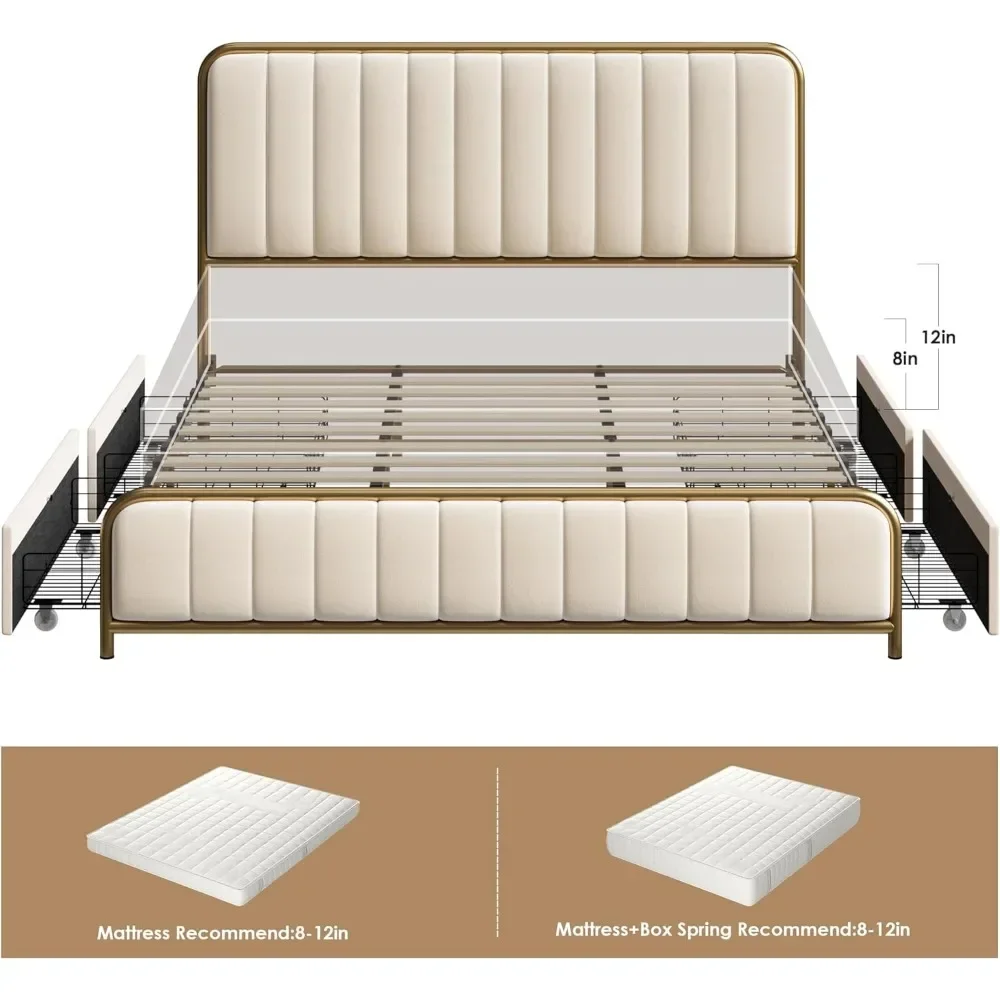 Queen Size Bed Frame With 4 Storage Drawers And Headboard, Heavy Duty Metal Mattress Foundation