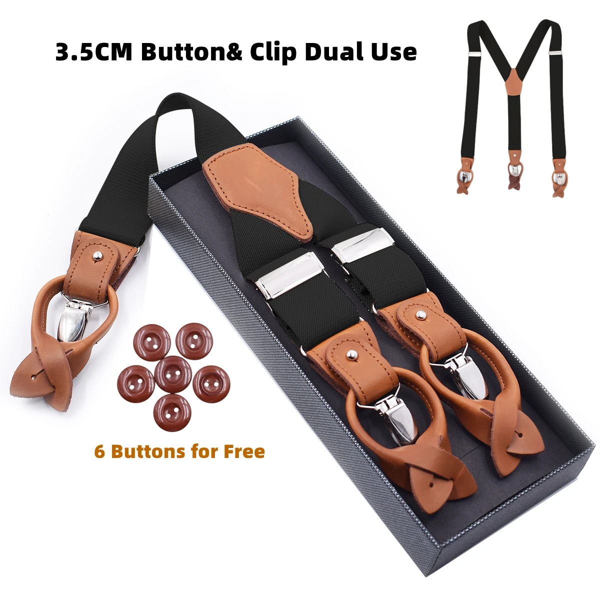 3.5CM Men's Leisure Dual Use Suspender Buttoned Braces Suspender for Men 3 Clips Adjustable Length Box Packing B0802