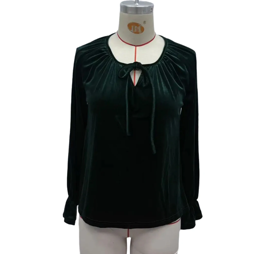 Women Velvet Long Sleeve Shirt Lace Up O Neck Casual T-shirt Fall Clothes Y2K Outdoor Work Office Daily Wear Elegant Top