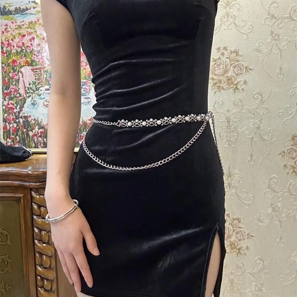 

Trendy Adjustable Pearl Waist Chain Korean Style All-match Rhinestone Waistband Luxury Dress Decor Metal Waist Belt Ladies/Girls