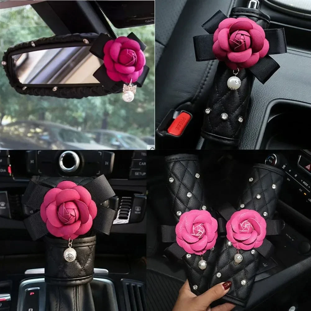 Camellia Flower Car Seat Belt Cover Handbrake Grip Shifter Cover Set Rhinestone Interior Styling For Women Girls White Rose Red