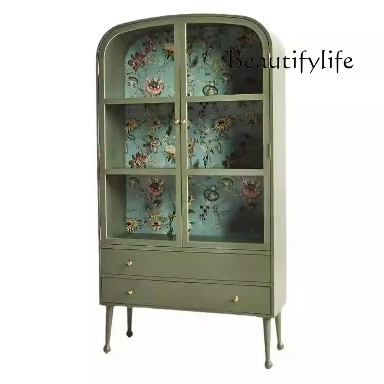 

R HFrench Solid Wood Glass Side Cabinet Double Door Against The Wall High Locker Wine Cabinet Entrance Foyer Decorative Cabinet
