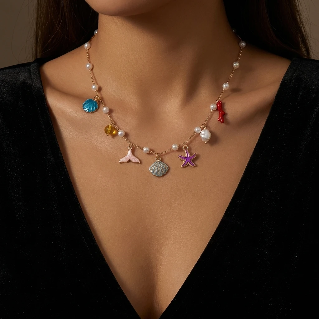 Böhmische handgefertigte Mehrfach-Anhänger-Halskette für Damen – Seestern, Muschel, Krabben-Kette, Choker – Trendiger Ozean-Strand-Urlaubsschmuck – Detail 2