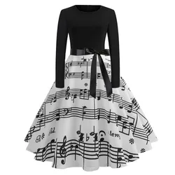 Womens Dress Trendy Musical Note Print Button Ball Gown Floor Length Dresses Spring Summer Long Sleeve Bowknot Dress Casual Wear