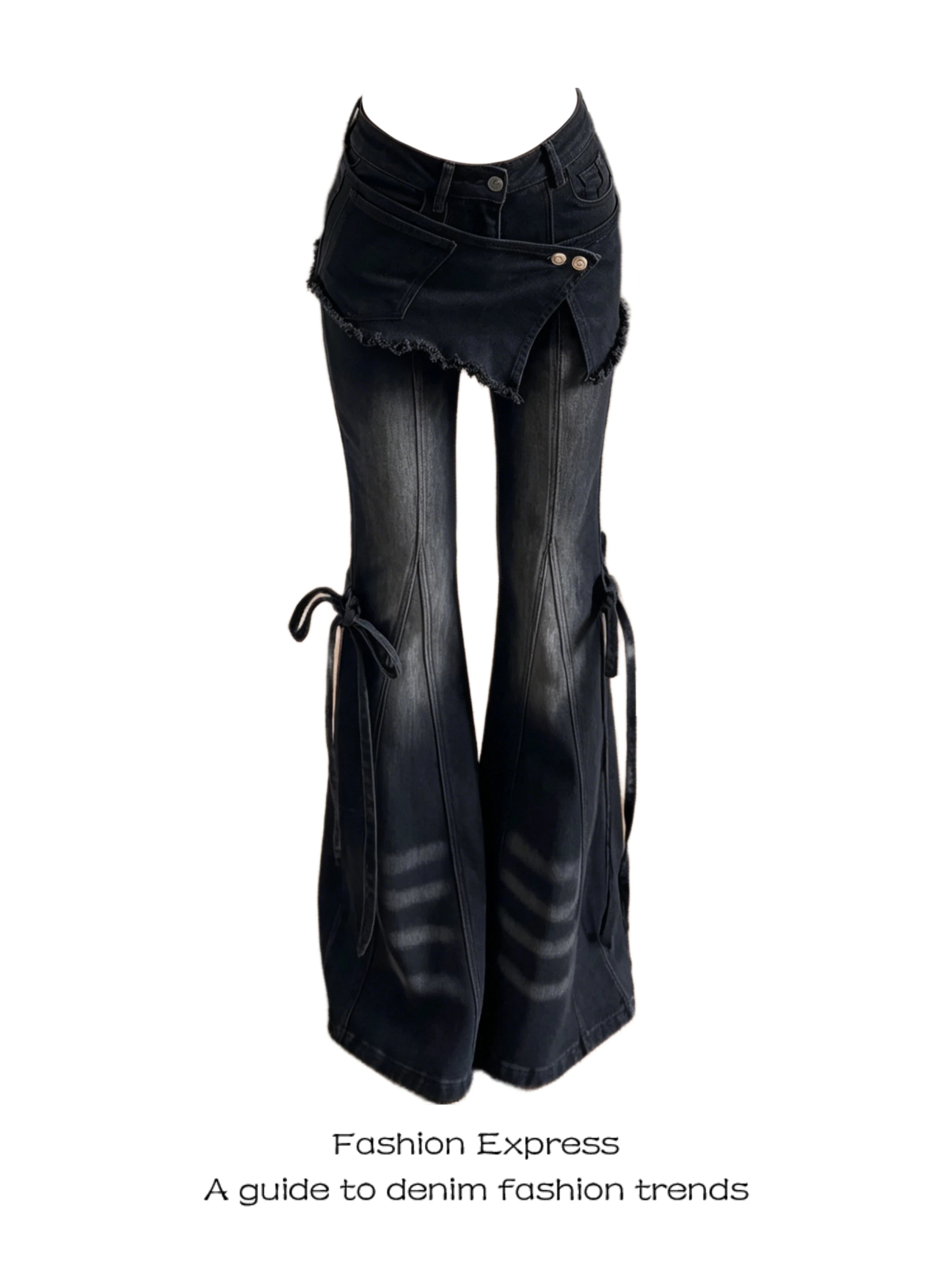 

Black Bell Bottom Jeans Women's Slim Fit High Waist Casual Pants with Bow Tie Street Style Tapered Version Casual Wear