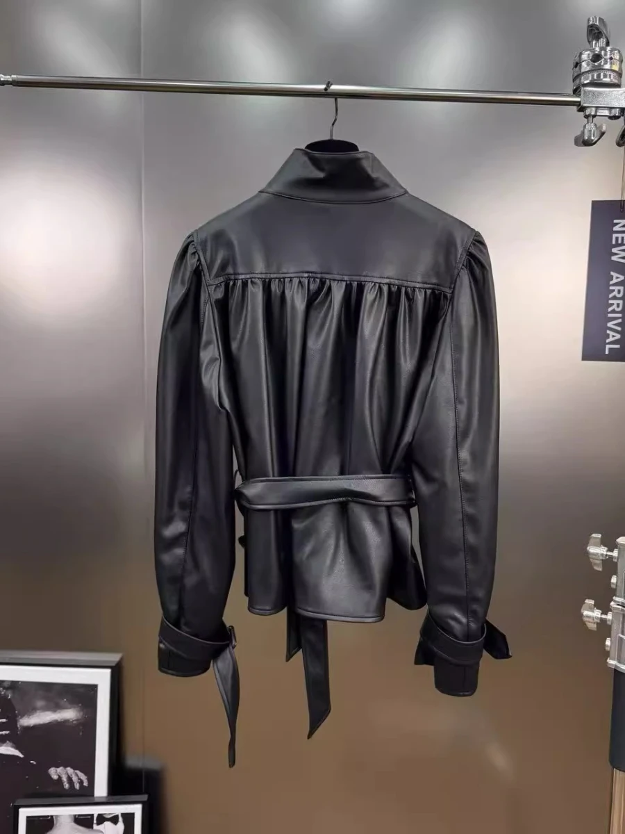 VGH Sashes Decorative Slimming Coat for Women Stand Collar Long Sleeve Spliced Double Breasted PU Leather Jacket Female Autumn - Image 2