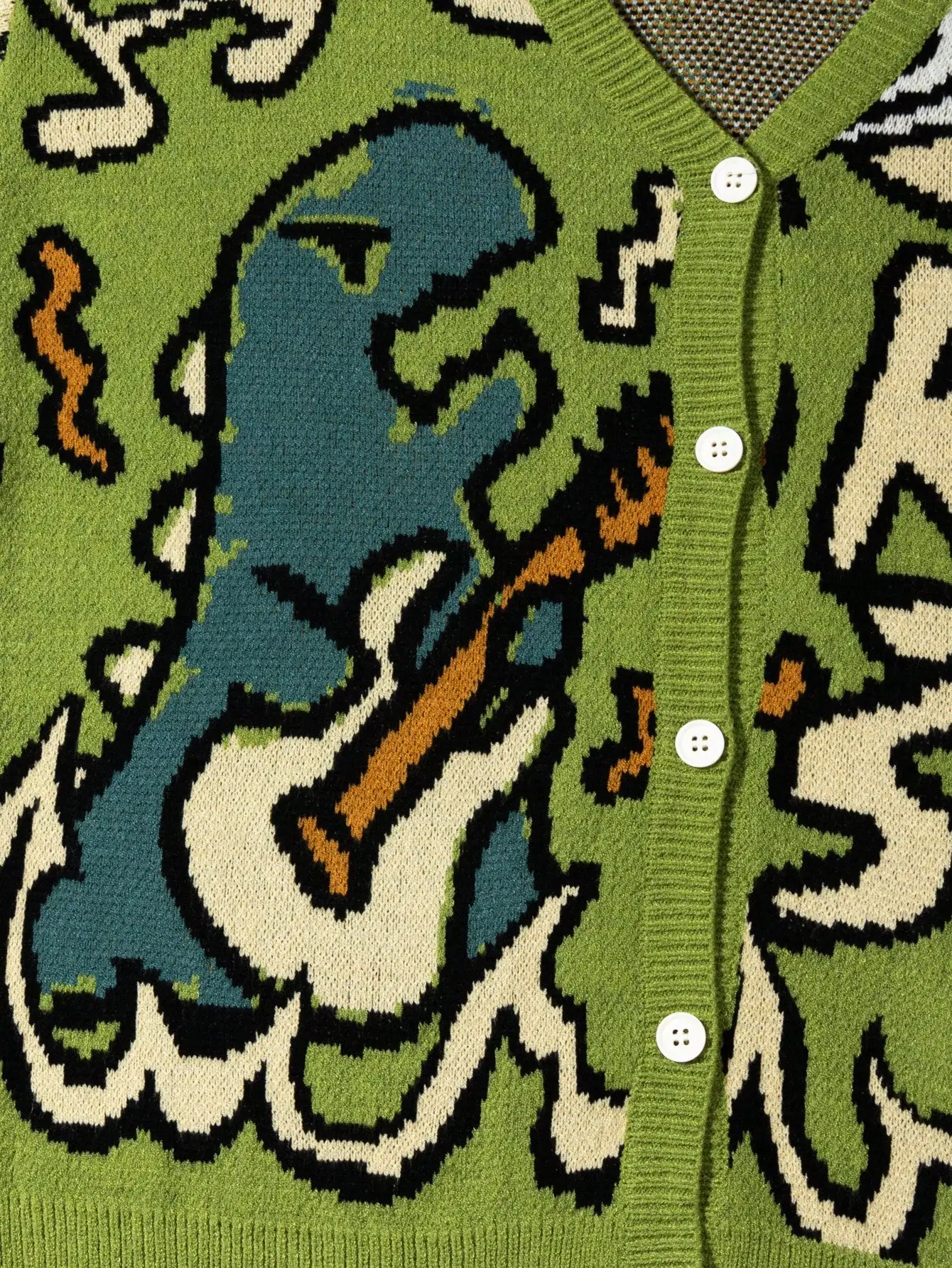 Olive Green Loose V-Neck Knit Cardigan with Abstract Graphic Print