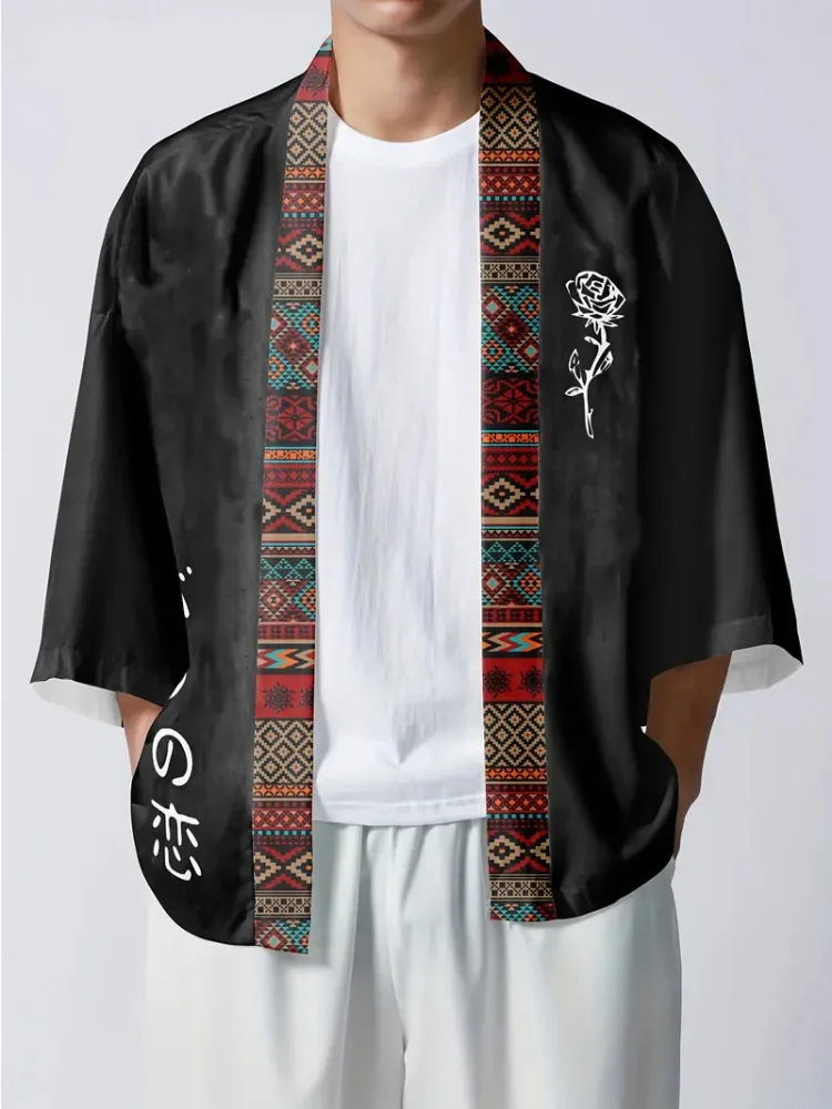 Japanese Summer Traditional Men's Short-sleeved Cardigan Lotus Koi Printed Men's Kimono Japanese Casual Beach Beach Cardigan
