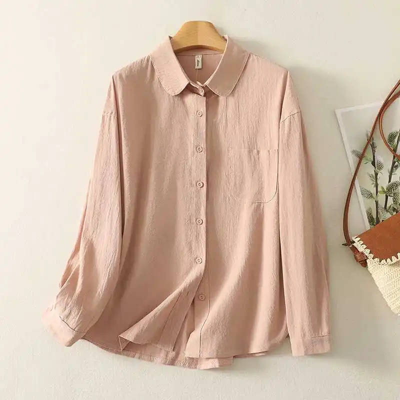 

Художественная льняная розовая офисная женская рубашка свободного кроя, женская повседневная свободная однотонная блузка средней длины с длинными рукавами, женская Blusa Feminina