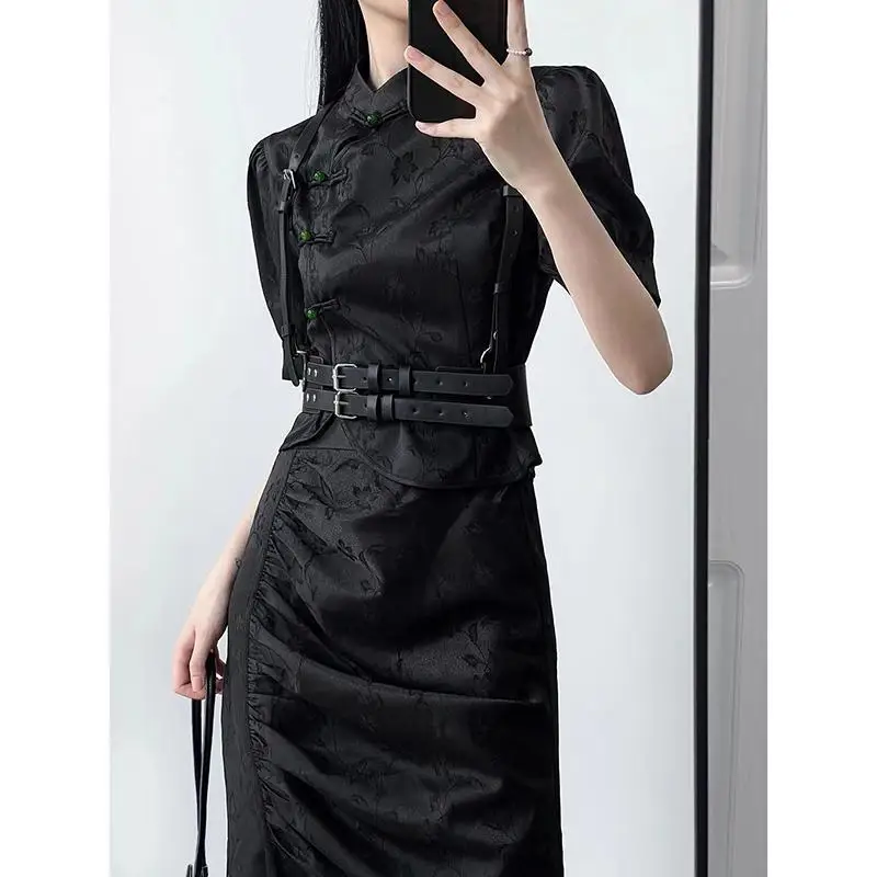 Nieuwe Chinese Stijl Qipao Pak Sexy Zwarte Jacquard Chinese Jurk Verbeterde Cheongsams Vrouwen Zomer Jurk Gothic Donkere Vestidos