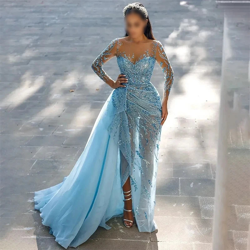

Customized Beading Evening Dresses Lace Perspective Sensation Full Sleeves High Side Split Mermaid Formal Party Prom Gowns